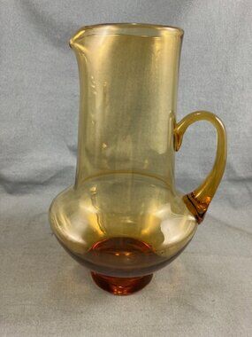 Vintage Hand Blown MCM Amber Glass Pitcher 8.5" tall